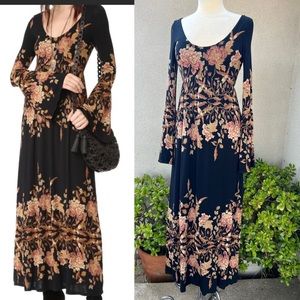 Free People boho maxi dress black with browns floral empire waist Sz XS